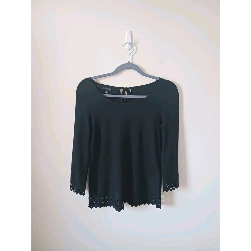 Talbots Womens Lace Trim 3/4 Sleeve Round‎ Neck Black Top Size XS